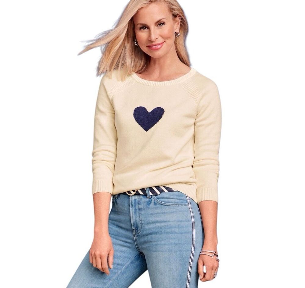 Talbots Plus Intarsia Heart Sweater, Cream Navy, 2X